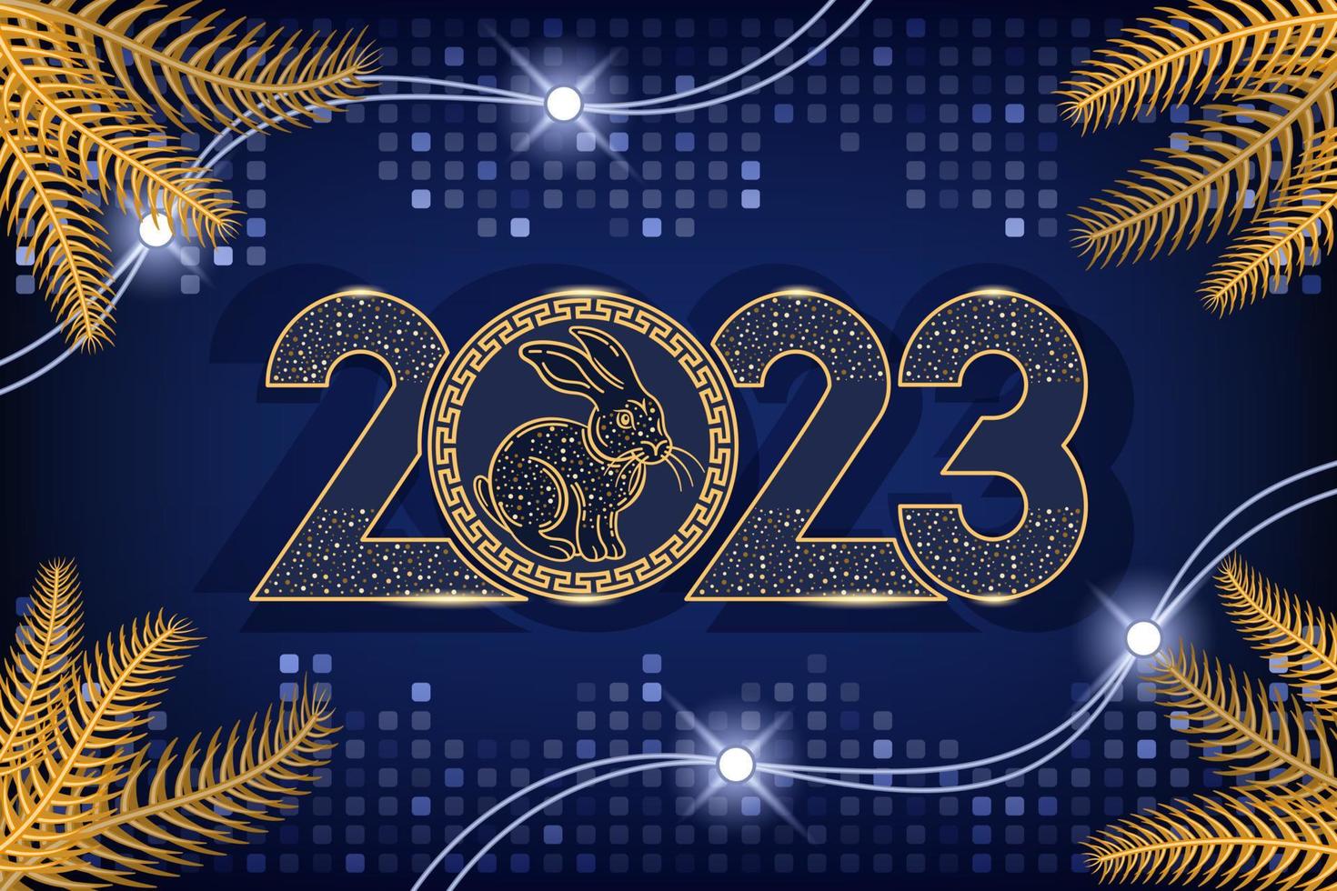 feliz año nuevo chino 2023 conejo ramas de abeto degradado fondo azul oscuro vector