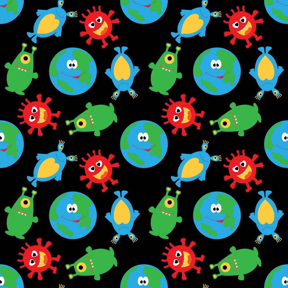 Little planet and funny multicolored aliens on a black seamless background. vector