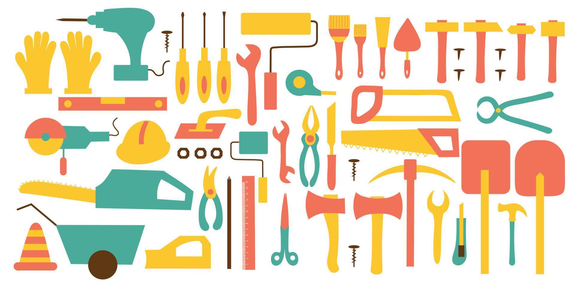 Set of construction tools on an isolated background. Construction or renovation. Building supplies for use as a design element or logo. Vector illustration.