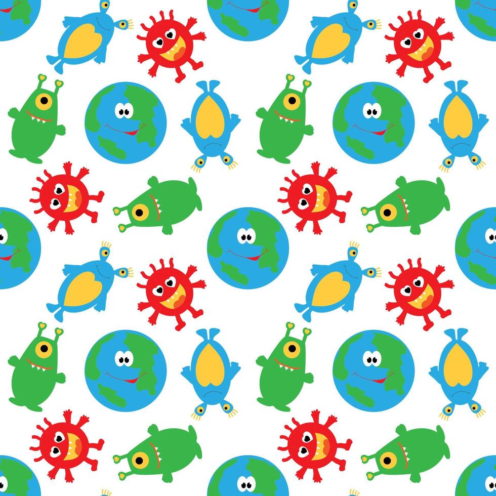 Small planet and funny multicolored aliens on a white seamless background. vector