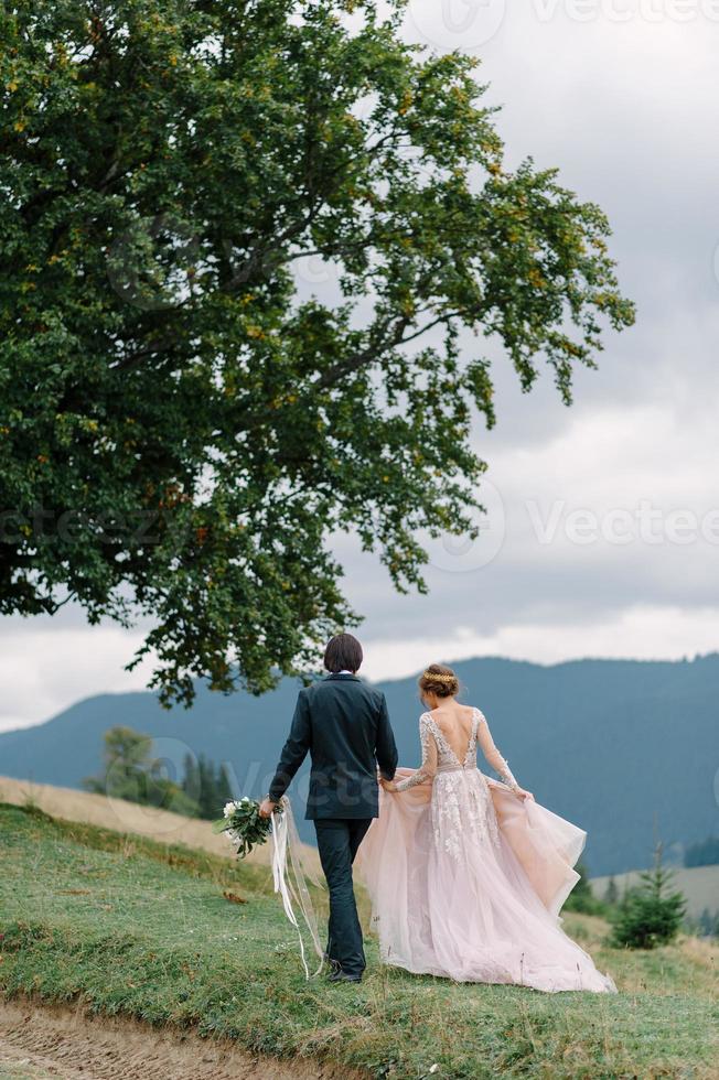 Beautifull wedding couple kissing and embracing near the shore of a mountain river with stones photo