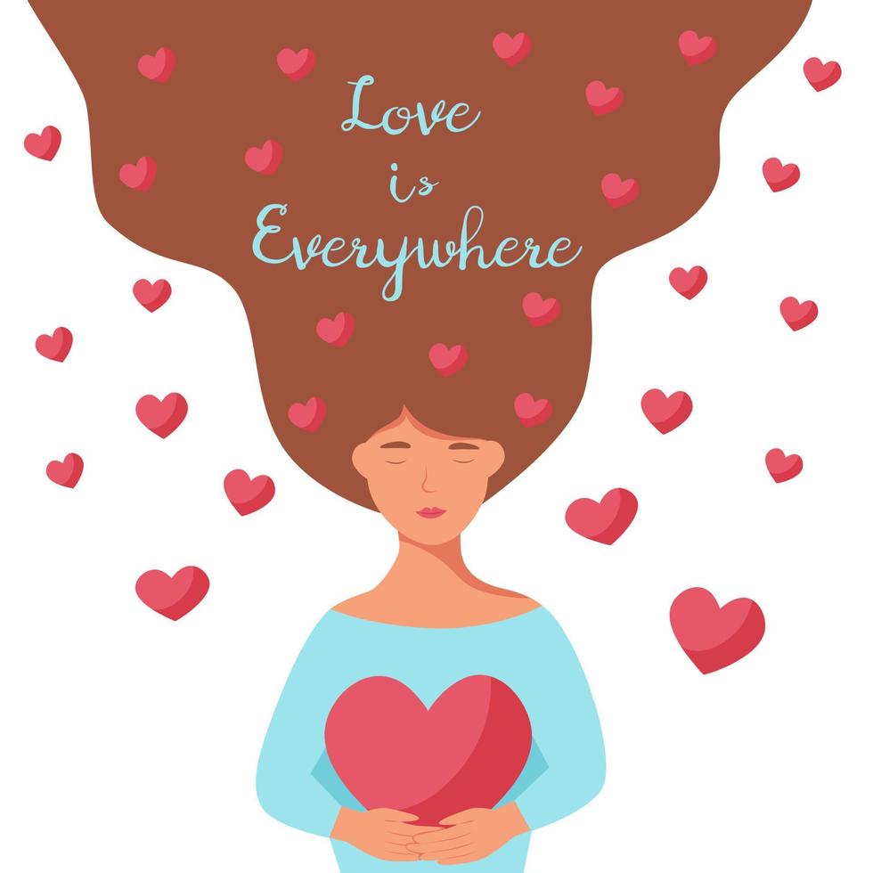 A young woman holds a heart in her hands. The concept of support, love is everywhere. Flat vector illustration