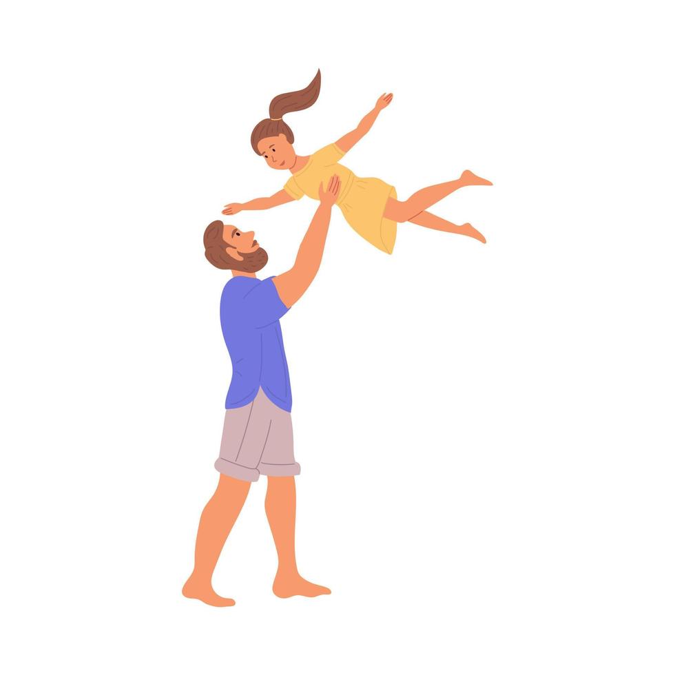 Father and daughter in summer clothes. Dad throws the girl up. Flat vector illustration