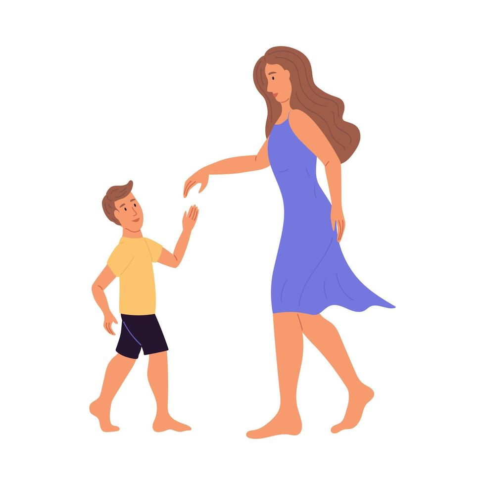 A young woman dancing with a boy. Mom and son are having fun. Flat vector illustration