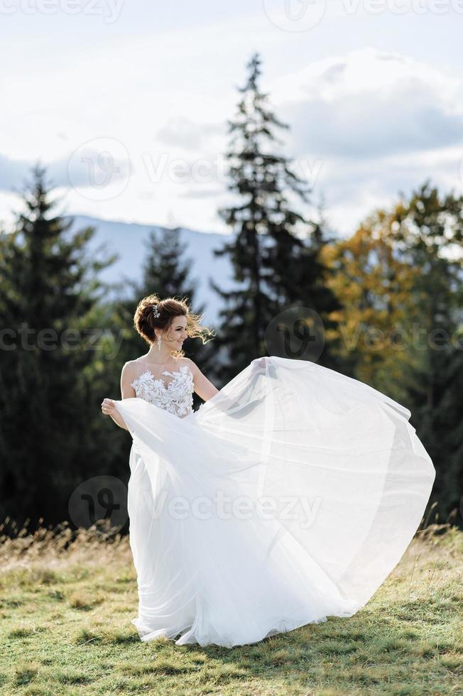 Beautiful bride and groom at the mountains photo