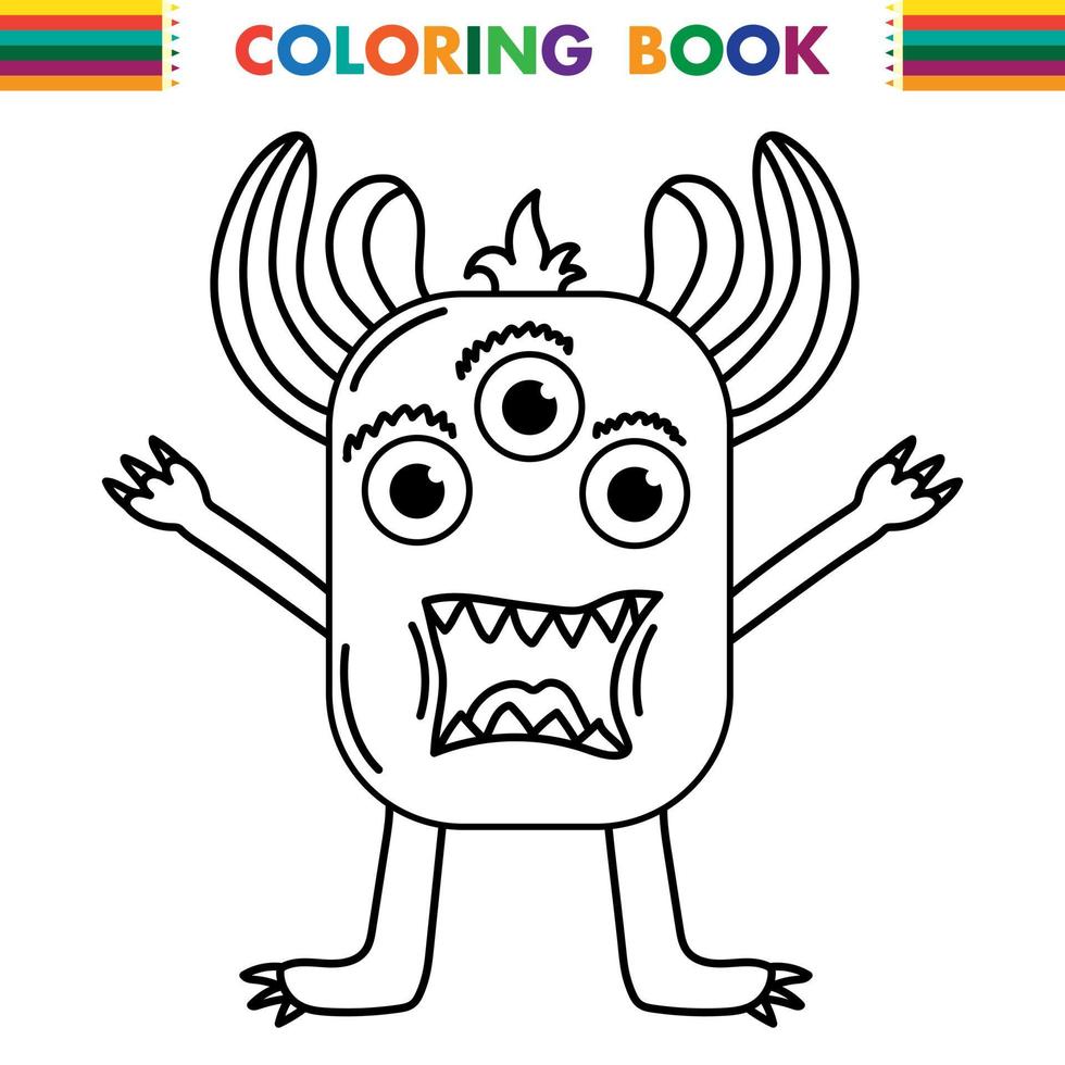 Funny and cute Alien monster with three eyes for kids. Imaginary creature for children coloring book, black and white outline fantasy cartoon for coloring pages. vector