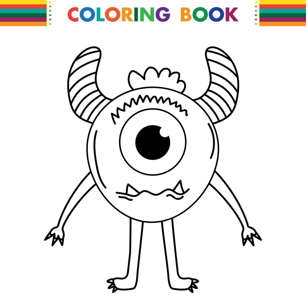 Funny and cute Alien monster with three eyes for kids. Imaginary creature for children coloring book, black and white outline fantasy cartoon for coloring pages. vector