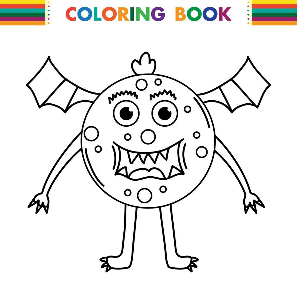 Funny and cute Alien monster with three eyes for kids. Imaginary creature for children coloring book, black and white outline fantasy cartoon for coloring pages. vector