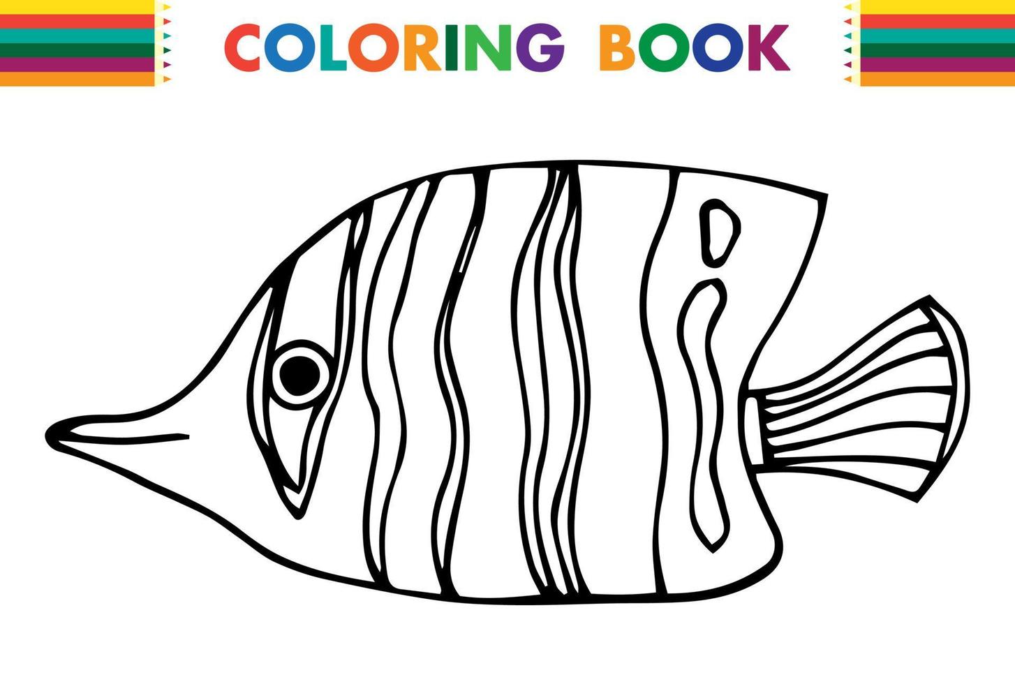 Hand drawn doodle fish . Underwater animal. Childish funny cartoon picture. Simple element with thick black stroke. Vector illustration isolated on white background.