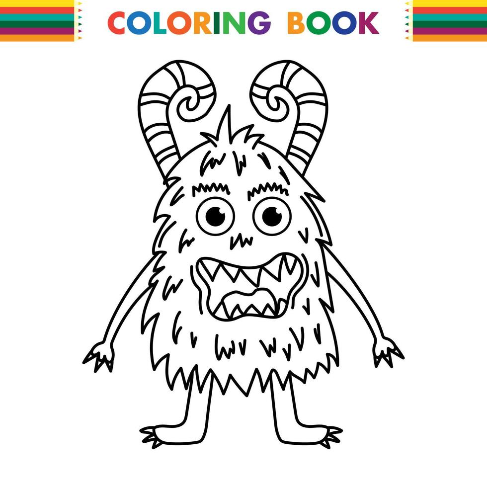 Funny and cute Alien monster with three eyes for kids. Imaginary creature for children coloring book, black and white outline fantasy cartoon for coloring pages. vector