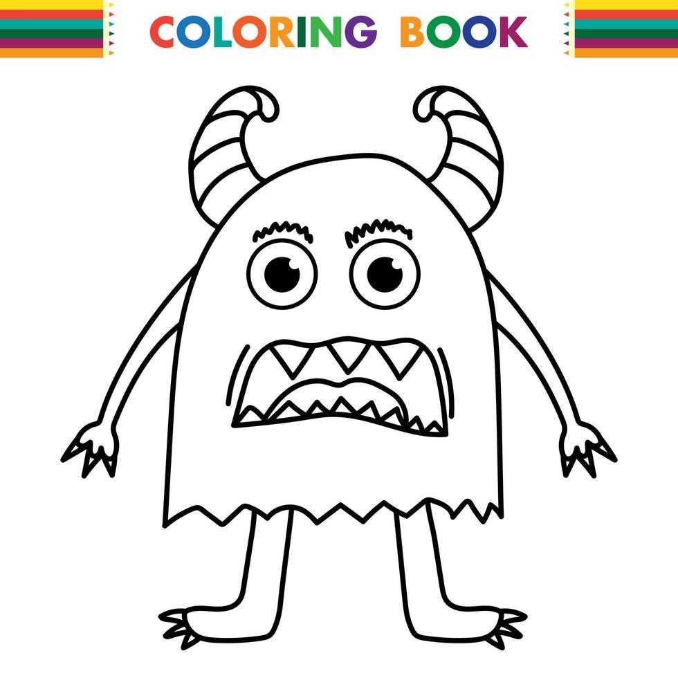 Funny and cute Alien monster with three eyes for kids. Imaginary creature for children coloring book, black and white outline fantasy cartoon for coloring pages. vector