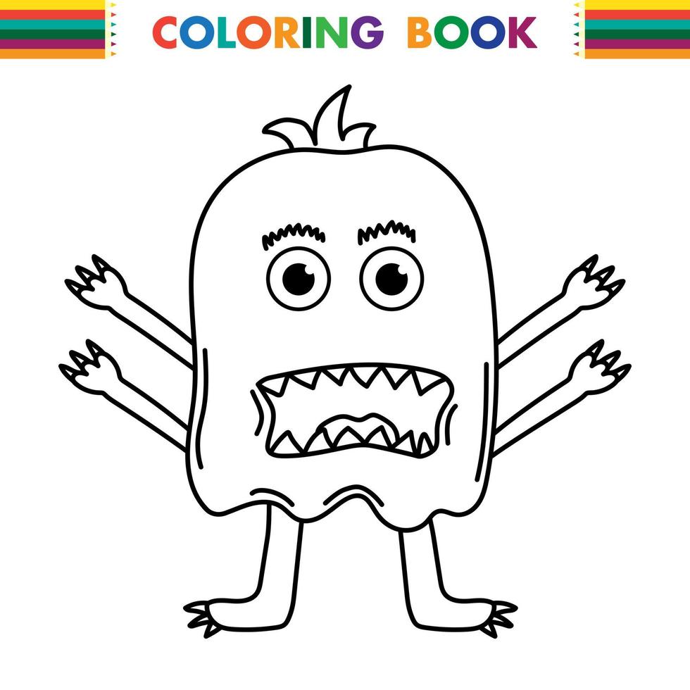 Funny and cute Alien monster with three eyes for kids. Imaginary creature for children coloring book, black and white outline fantasy cartoon for coloring pages. vector