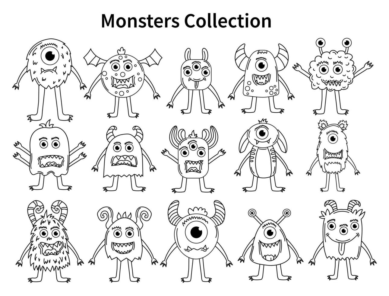 Set of cute monsters for coloring pages. Vector line aliens. Collection of modern line illustrations.