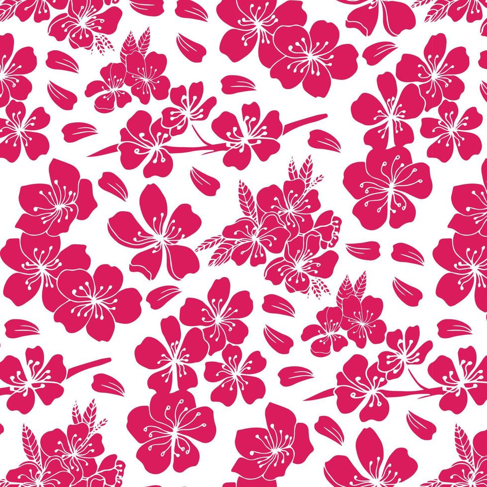 Pink flowers of sakura seamless pattern on a white background. vector