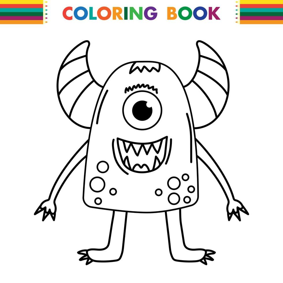 Funny and cute Alien monster with three eyes for kids. Imaginary creature for children coloring book, black and white outline fantasy cartoon for coloring pages. vector