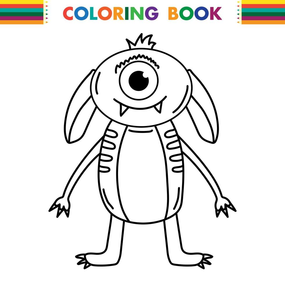 Funny and cute Alien monster with three eyes for kids. Imaginary creature for children coloring book, black and white outline fantasy cartoon for coloring pages. vector
