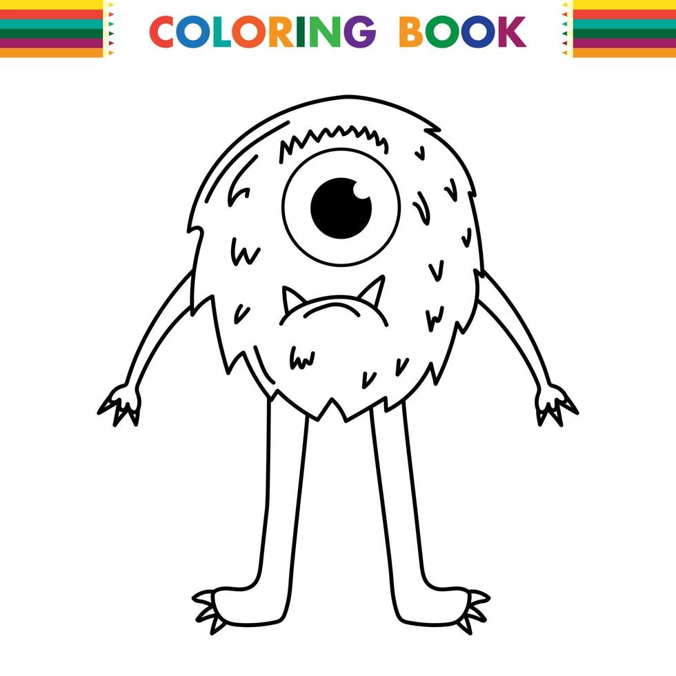 Funny and cute Alien monster with three eyes for kids. Imaginary creature for children coloring book, black and white outline fantasy cartoon for coloring pages. vector