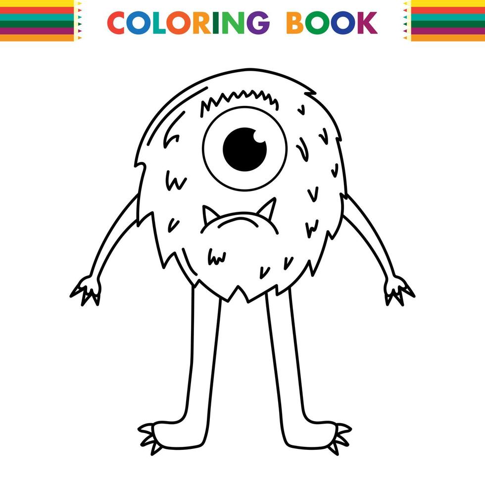 divertido y lindo monstruo alienígena con tres ojos para niños. criatura imaginaria para niños libro para colorear, dibujos animados de fantasía en blanco y negro para páginas para colorear. vector