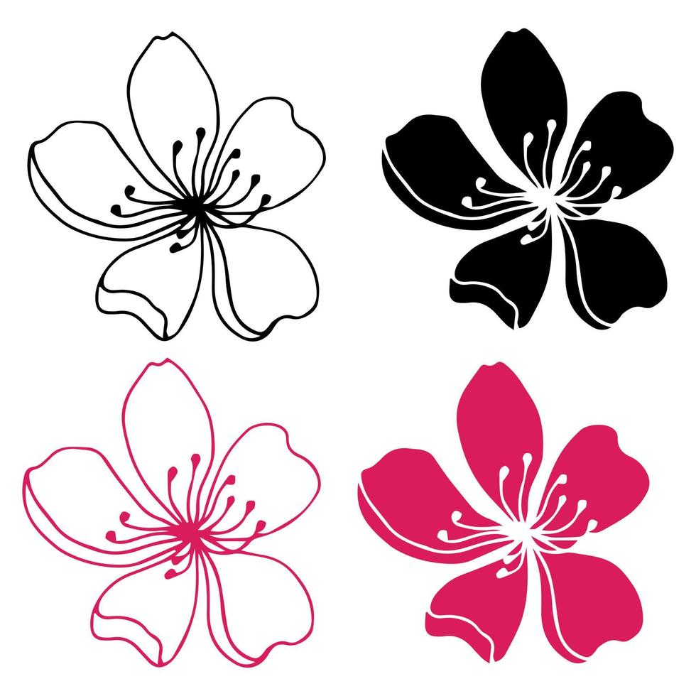 Sakura flowers blossom set, hand drawn line ink style. Cute doodle cherry plant vector illustration, black isolated on white background. Realistic floral bloom for spring japanese or chinese holiday.