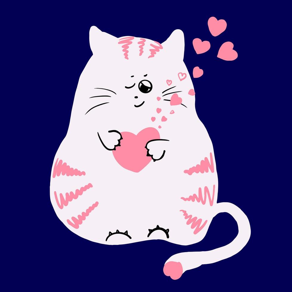 cute drawn cat in cartoon style with a heart in its paws, vector ...