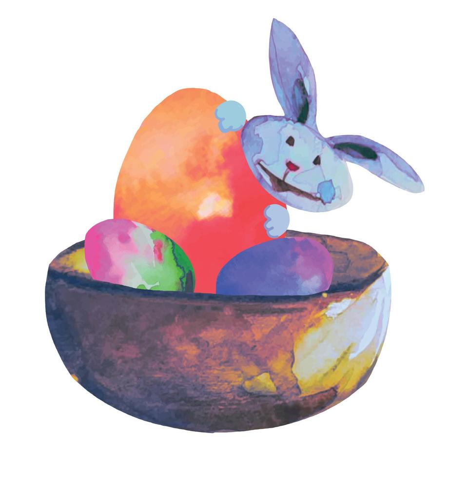 coloridos huevos de pascua en una canasta en la que el conejito de pascua se hornea con una ilustración de acuarela vector