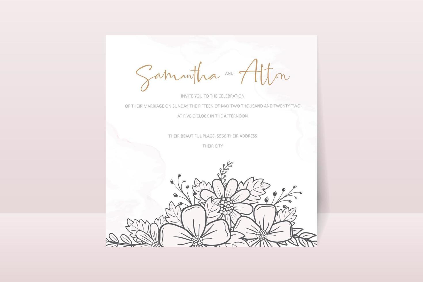 Wedding invitation template with floral outline decoration vector