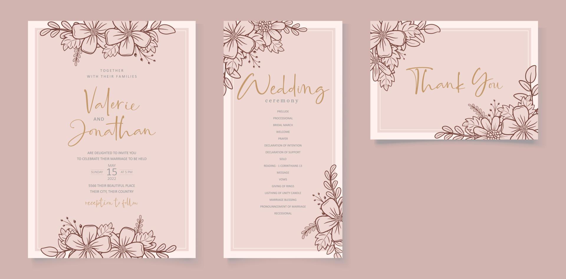 Wedding invitation template with floral outline decoration vector