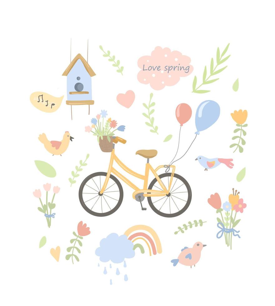 conjunto de primavera dibujado a mano vectorial de lindos pájaros, flores y adornos. afiche, postal, álbum de recortes, juego de pegatinas. vector