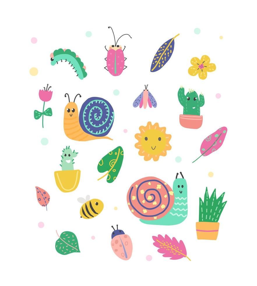 Vector hand drawn set of snails, flowers and leaves. Bright trendy palette. Vector set of cute insects and snails.