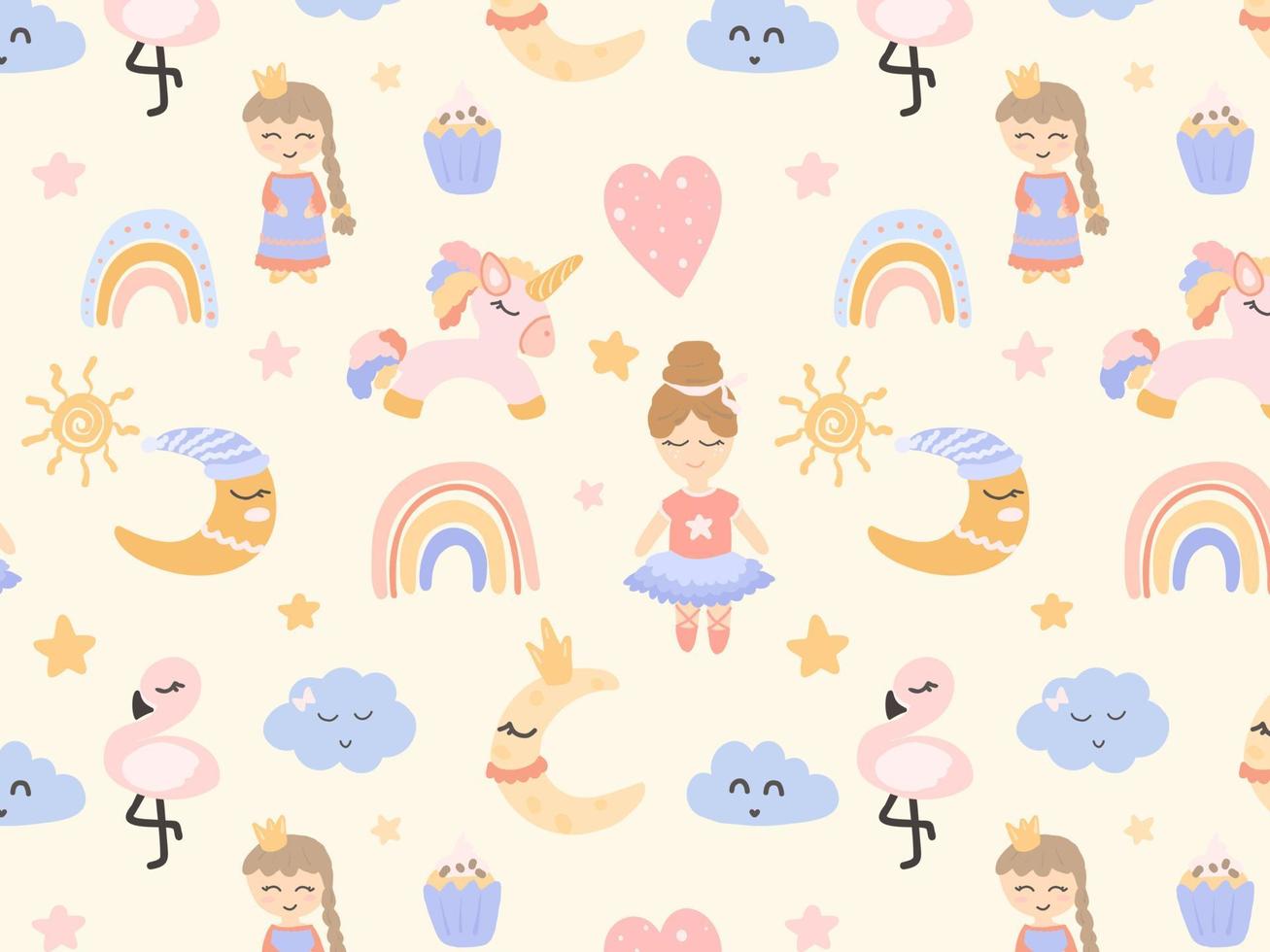 Patter for girls. Cartoon princess, unicorns, flamingos, odblus on a pattern for children's textiles, fabrics. vector