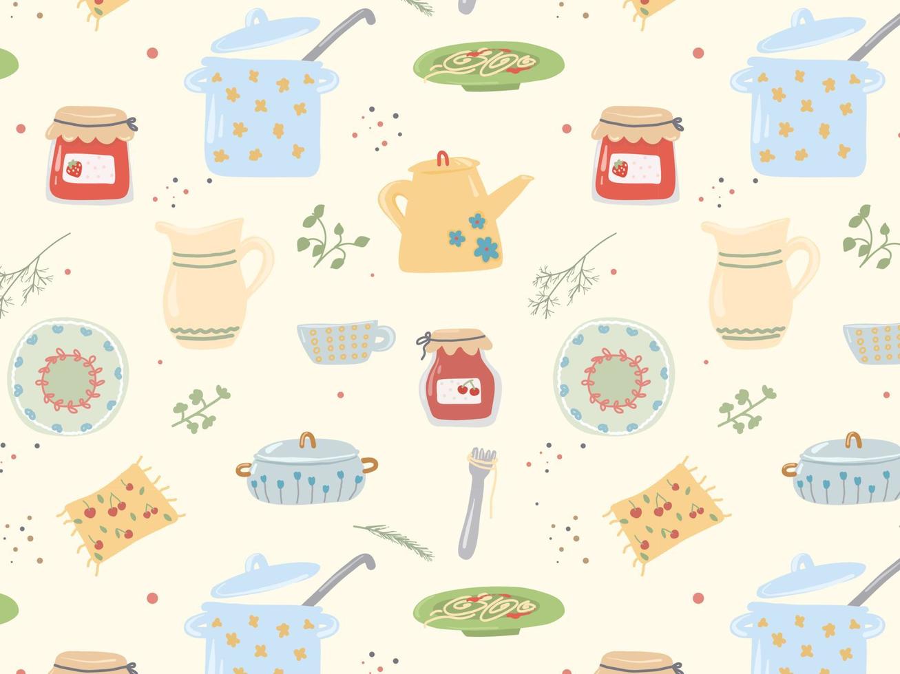 Cute pattern with crockery and kitchen utensils. Pot, plates, kettle. Pattern for kitchen textiles, wallpapers. vector