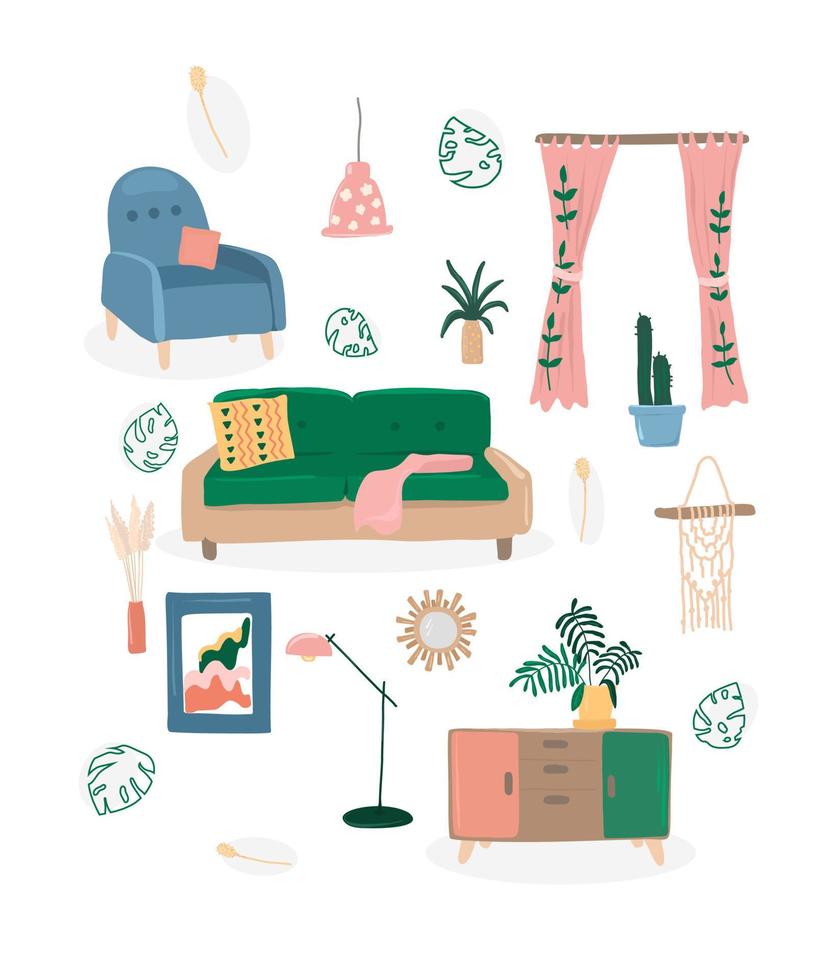 Conjunto vectorial de muebles y artículos de interior dibujados a mano. diseño de dibujos animados ilustración de la decoración de la sala de estar, hogar. interior del hogar, muebles. vector