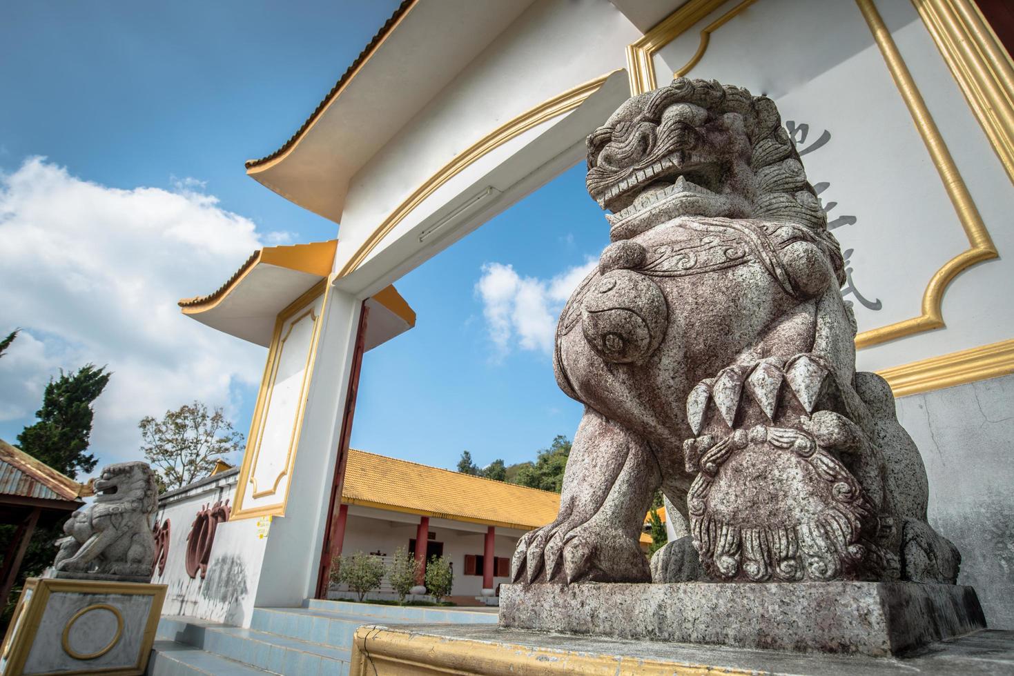 decoración de león de mármol chino frente al museo conmemorativo chino en doi mae salong de la provincia de chiang rai de tailandia. foto