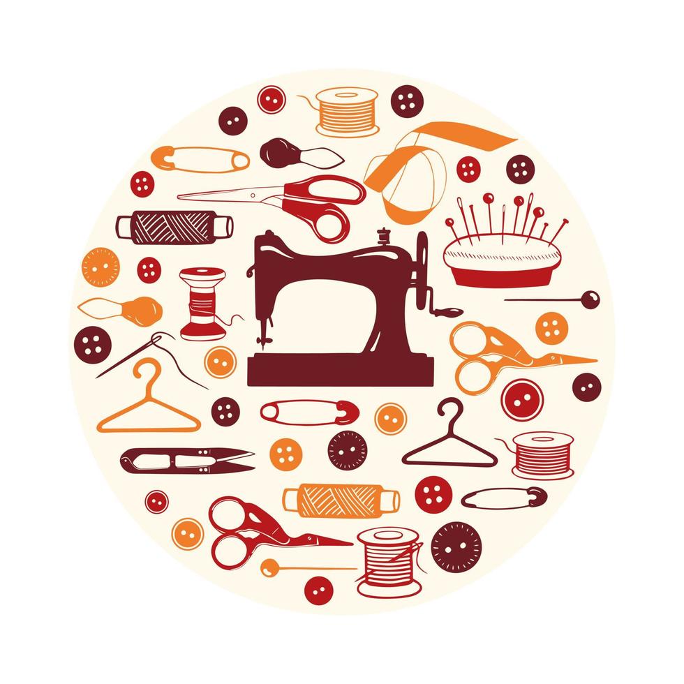 Sewing Machine and Tools in Hand Drawn Style. Tailoring accessories - threads, scissors, needles, pins, buttons. Vector round frame for seamstress, atelier, fashion design