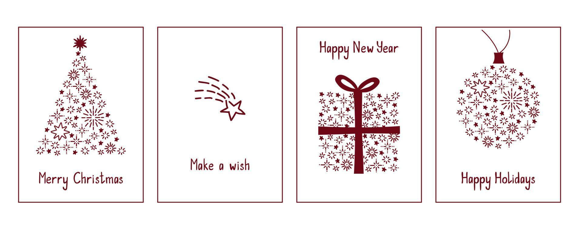 Christmas and New Year Set of Greeting Cards, Posters, Xmas Covers. Holiday design with red stars and snowflakes in modern line art style. Vector illustration