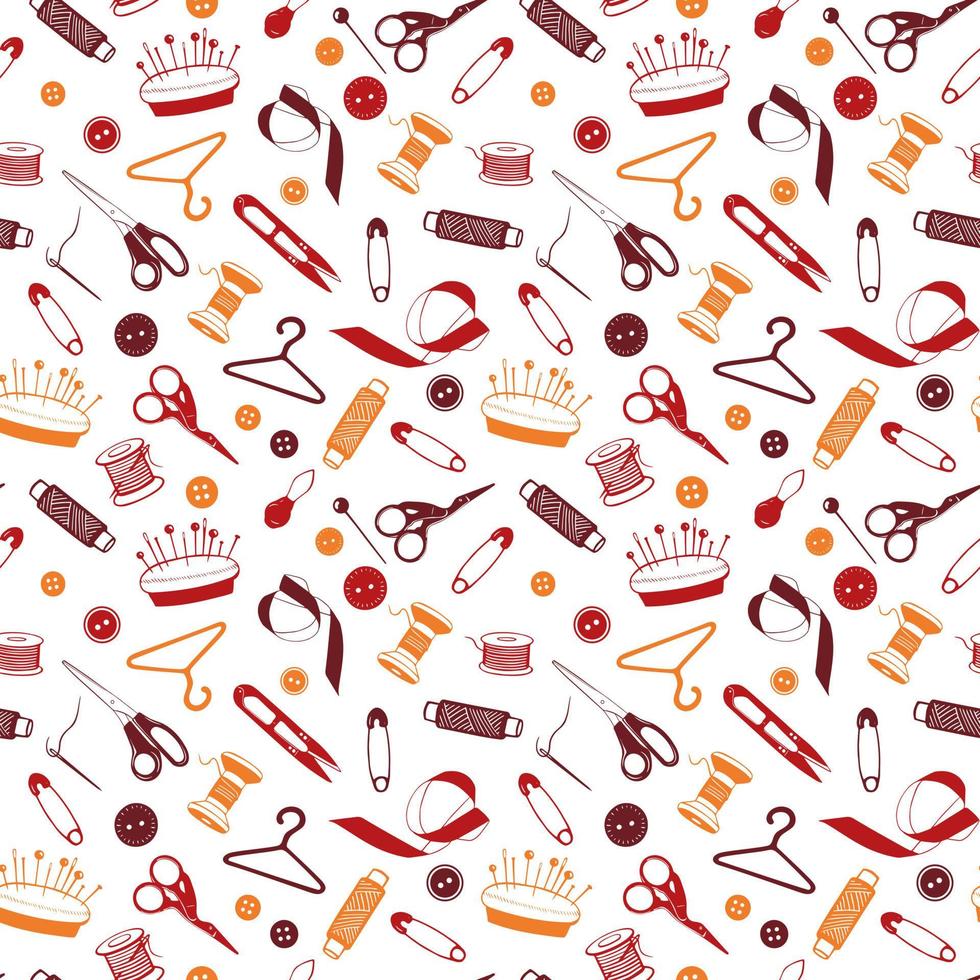 Sewing Tools Seamless Pattern, hand drawn elements. Tailoring accessories - threads, scissors, needles, pins, buttons. Vector background for seamstress, atelier, fashion design