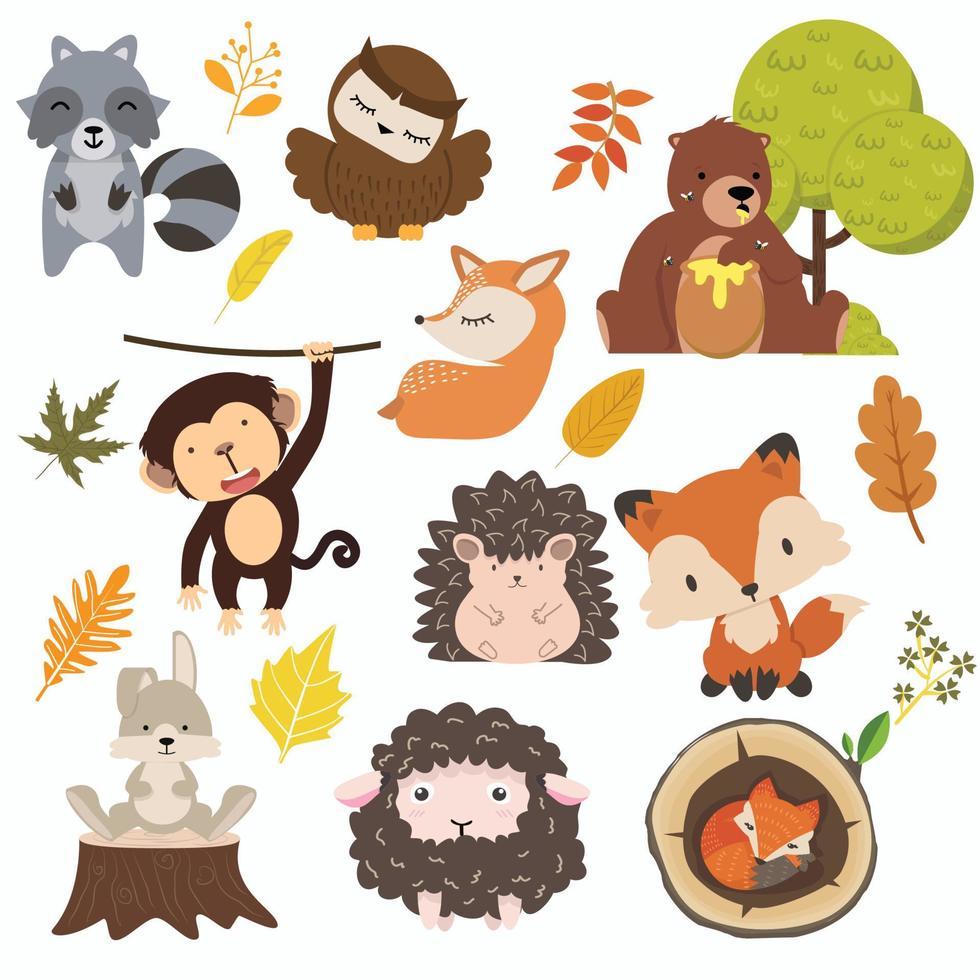 Woodland forest animals cartoon set vector