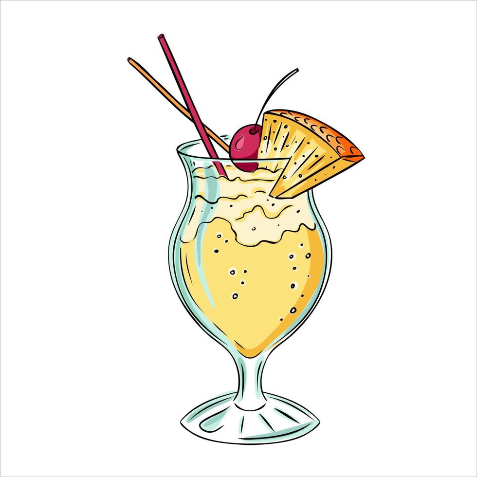Summer alcoholic soft cocktail pina colada with a piece of pineapple. vector
