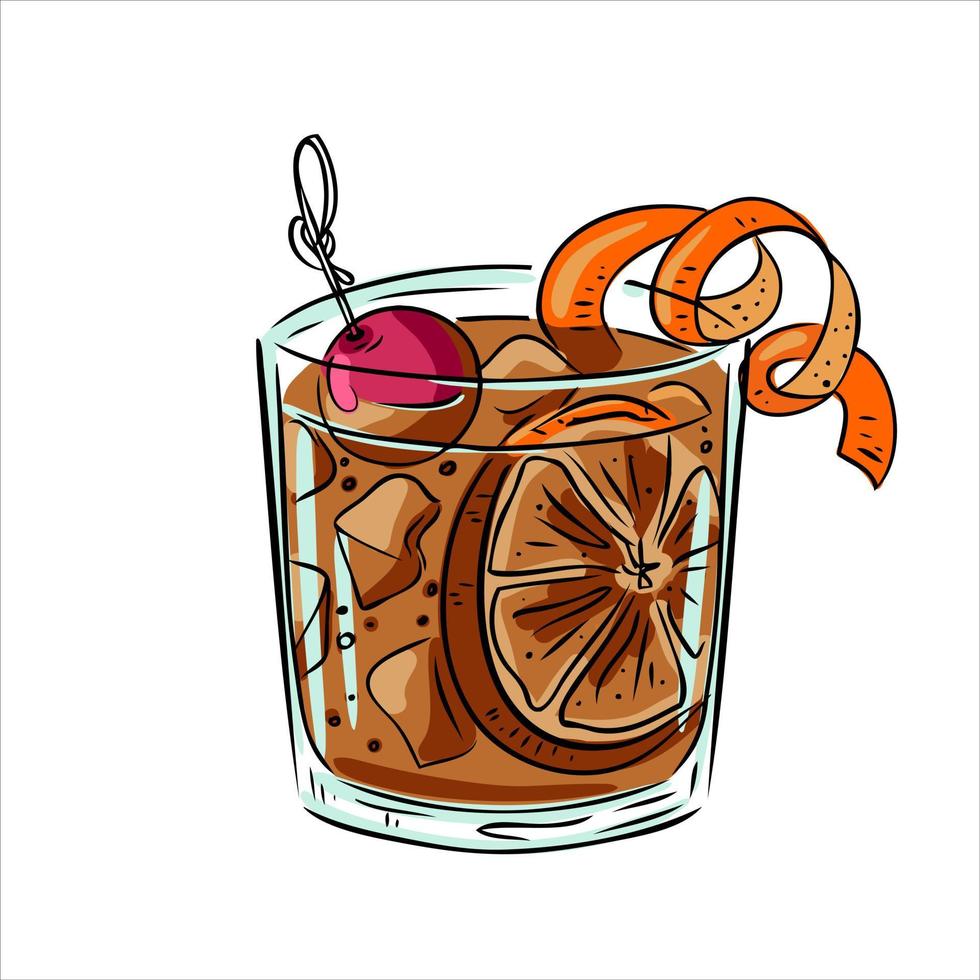 Summer alcoholic whiskey cocktail with ice and orange in glass vector
