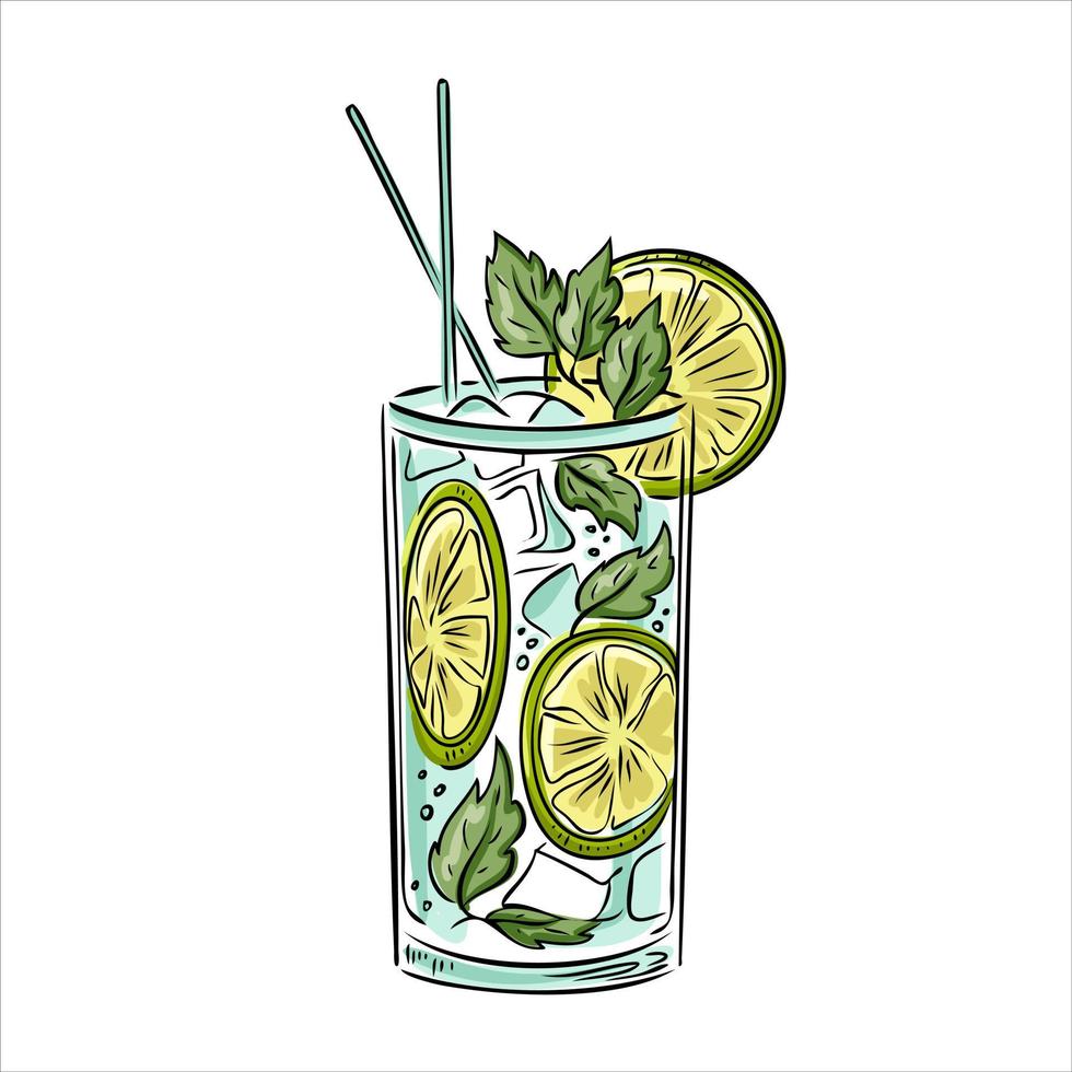 cóctel alcohólico de verano mojito con hielo, menta y lima. vector