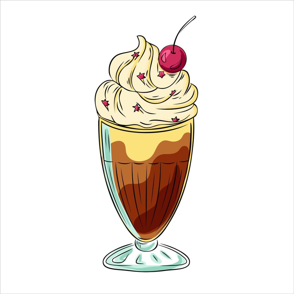 batido de helado con chocolate, crema batida y cerezas en vaso vector