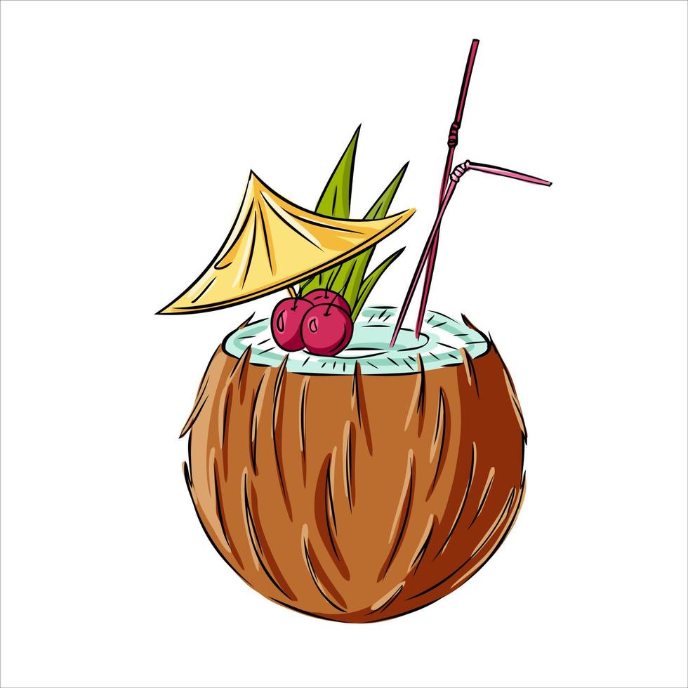 Summer alcoholic soft cocktail in coconut with straw and cherry. vector