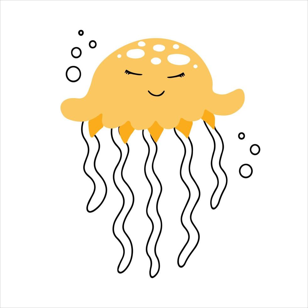Cute smiling jellyfish with baby face icon hand drawn in doodle style. Vector illustration.
