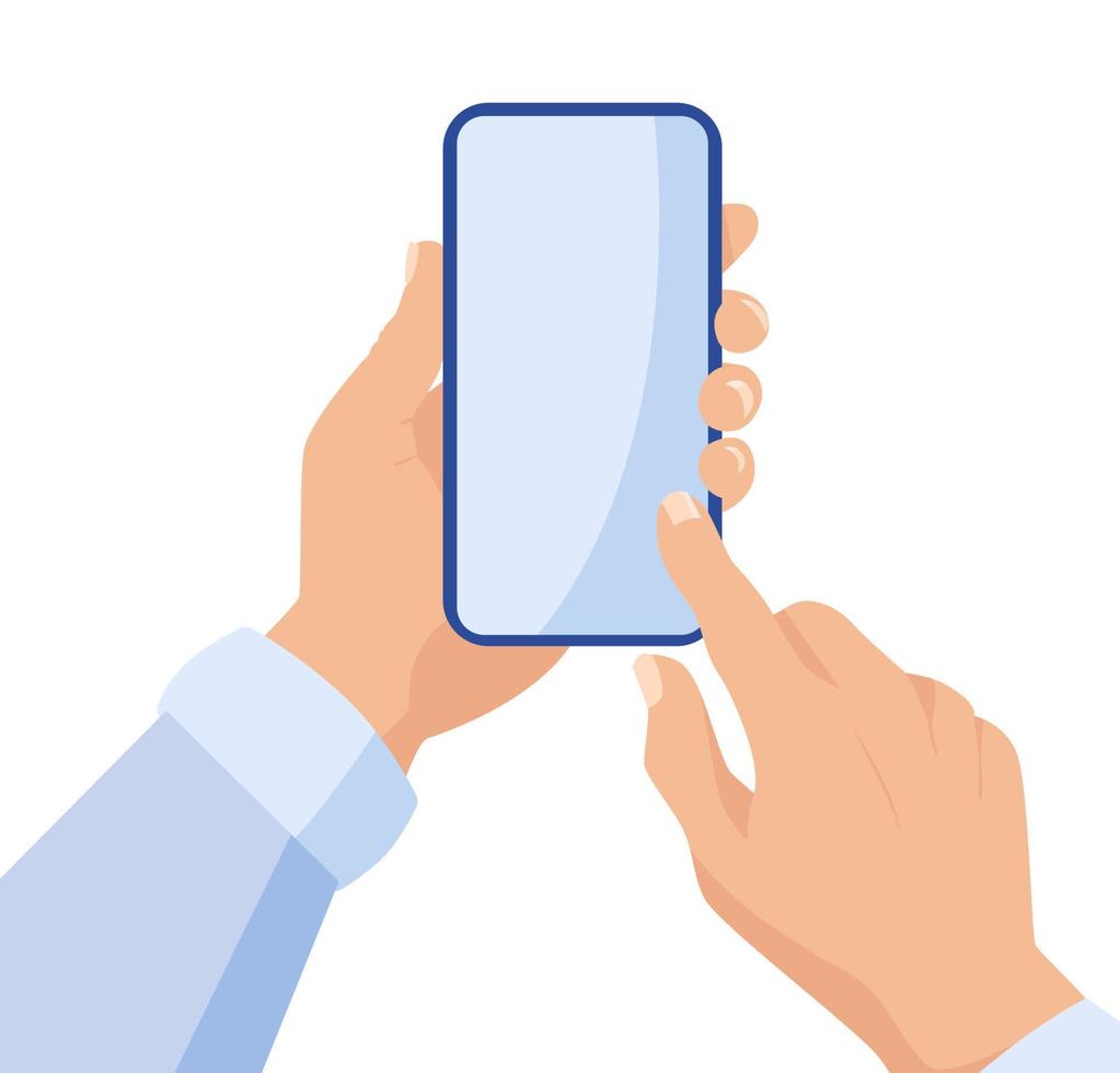 A man holds a smartphone in his hands and uses a empty screen. vector