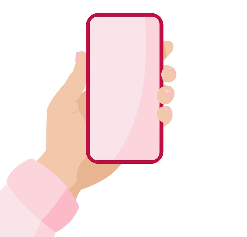 A woman holds a smartphone in his hands and uses a empty screen. vector