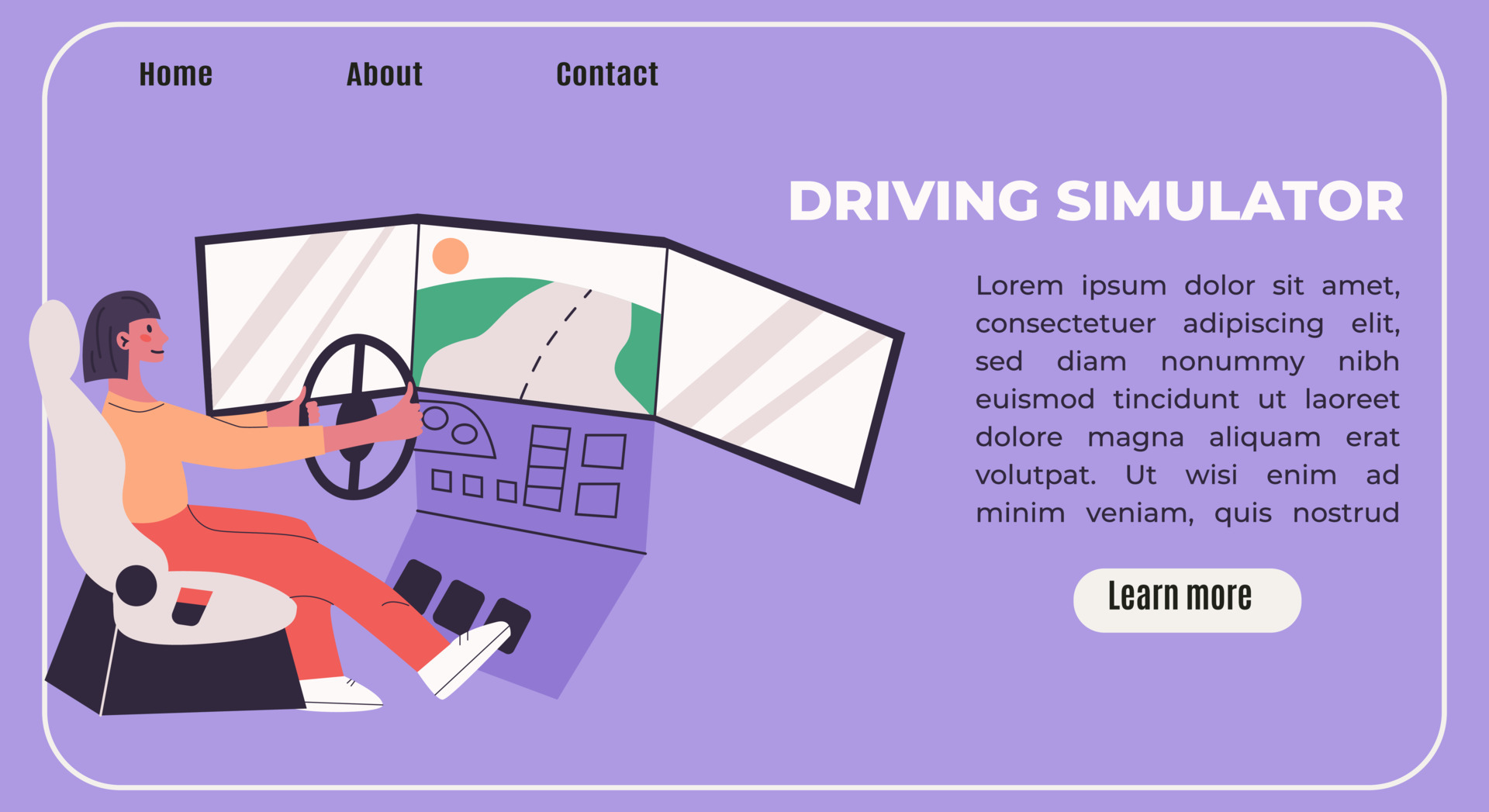 .Young woman learn to drive with gaming wheel. Driving school