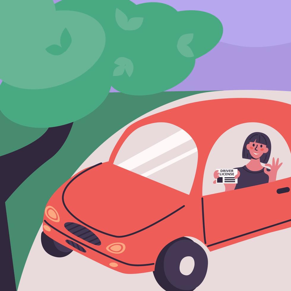 concepto de escuela de manejo. una joven mujer feliz en un pequeño auto rojo obtiene una licencia de conducir y lo muestra. vector