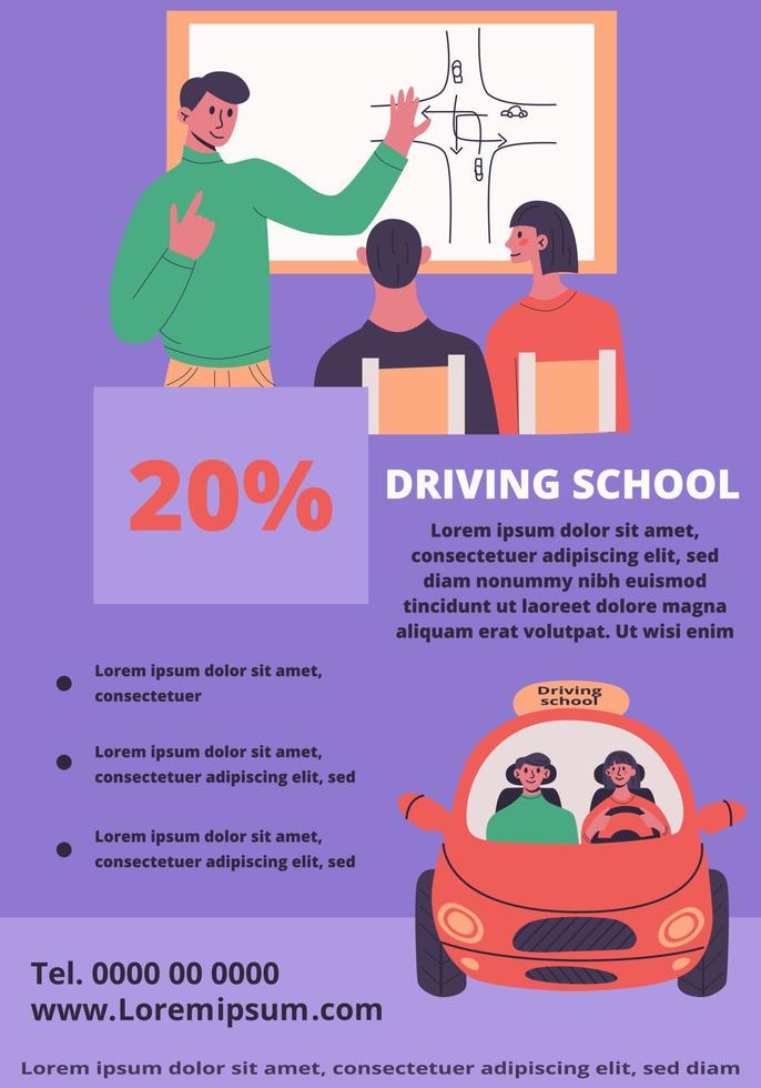 Driving school flyer concept. Young woman drive little red car with instructor. Young male instructor explains traffic rules to students vector