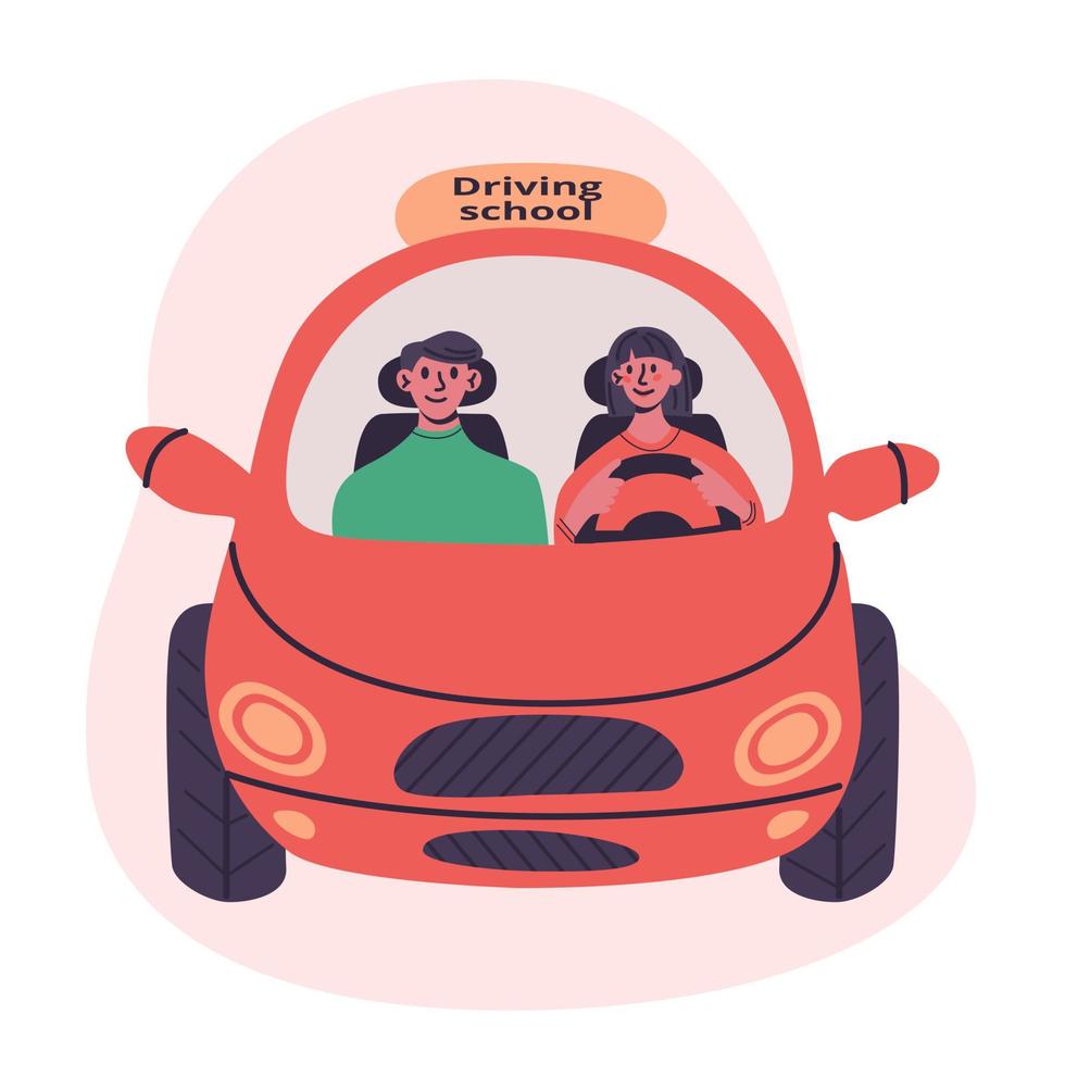 Driving school concept. Young woman drive little red car with