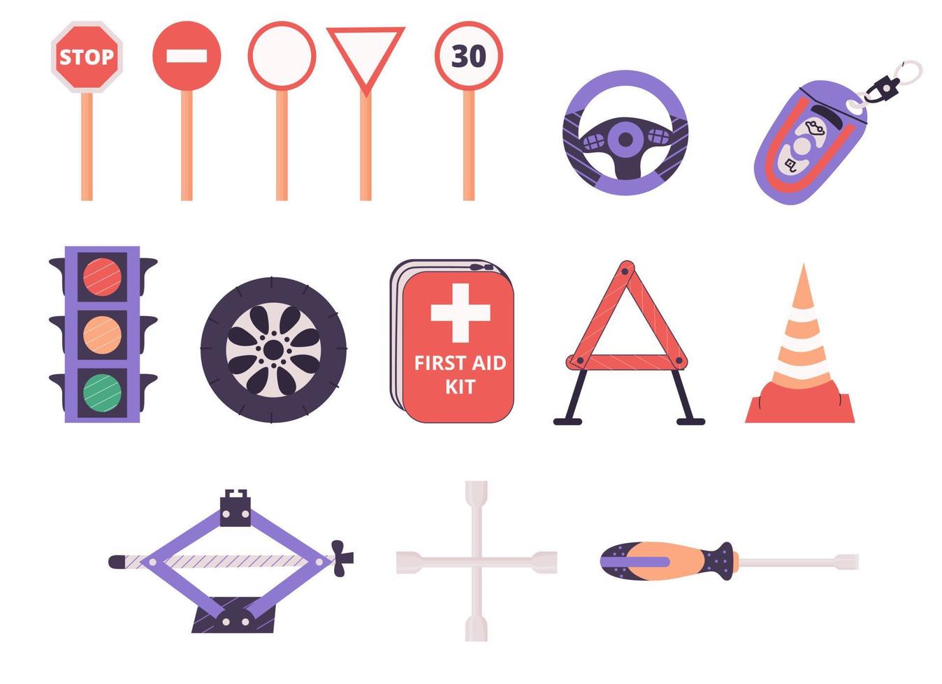 Driving school set with different elements. Traffic signs, light, steering and car wheel, first aid ki vector